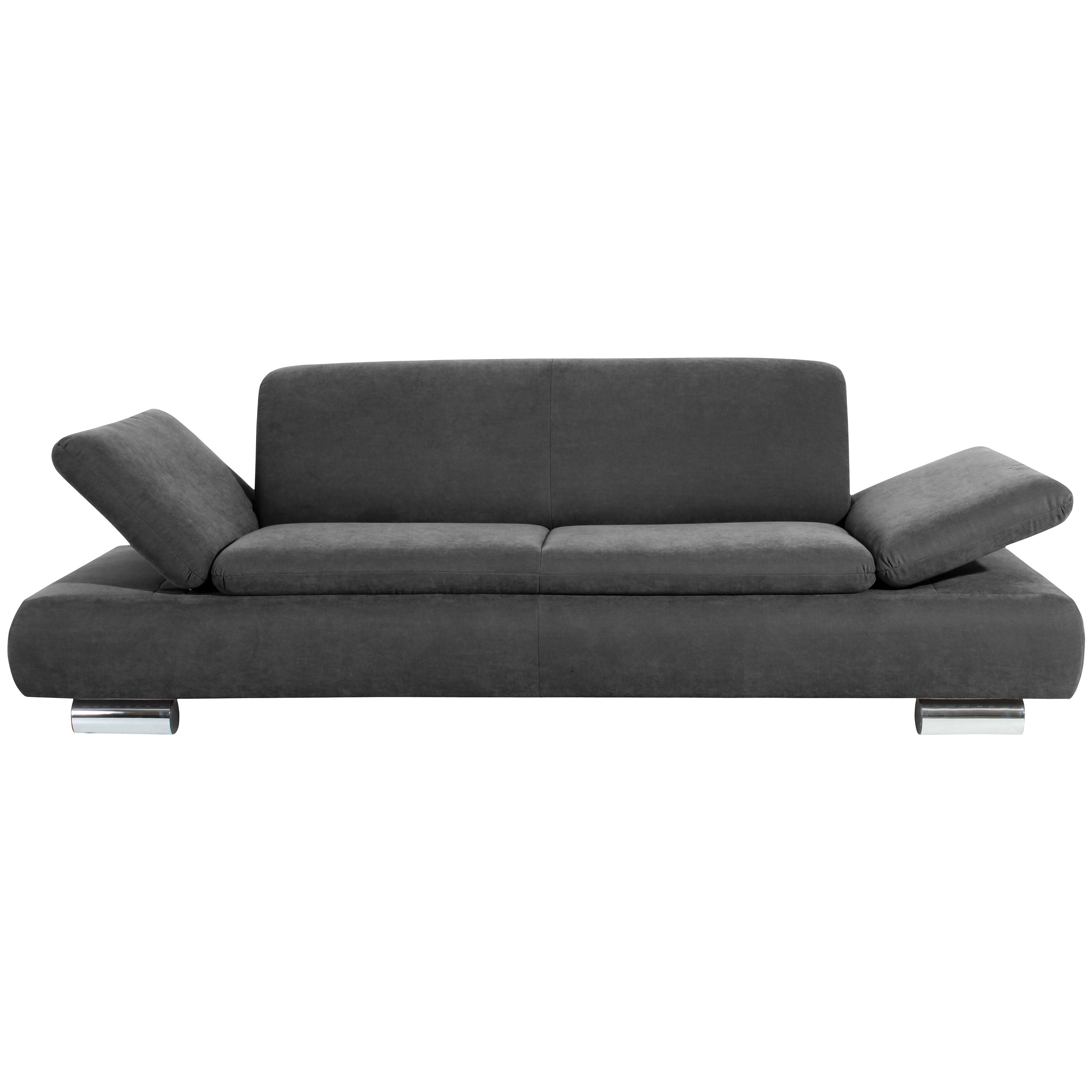 frontansicht von einem 2,5-sitzer sofa in anthrazit mit hochgeklappten armteilen und verchromten metallfüssen