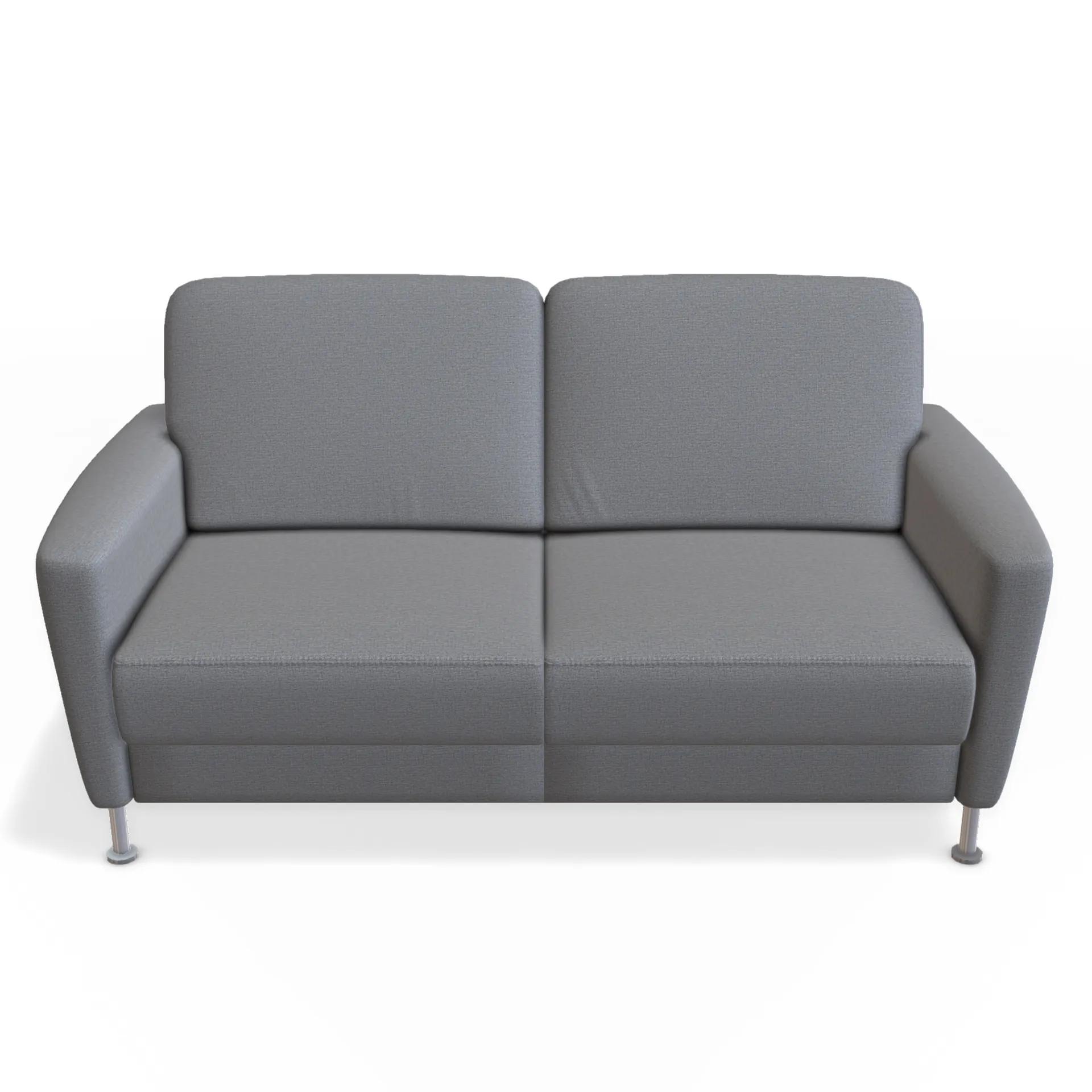 graues sofa mit kubischen armlehen und hochglanzpoliertem alufuß