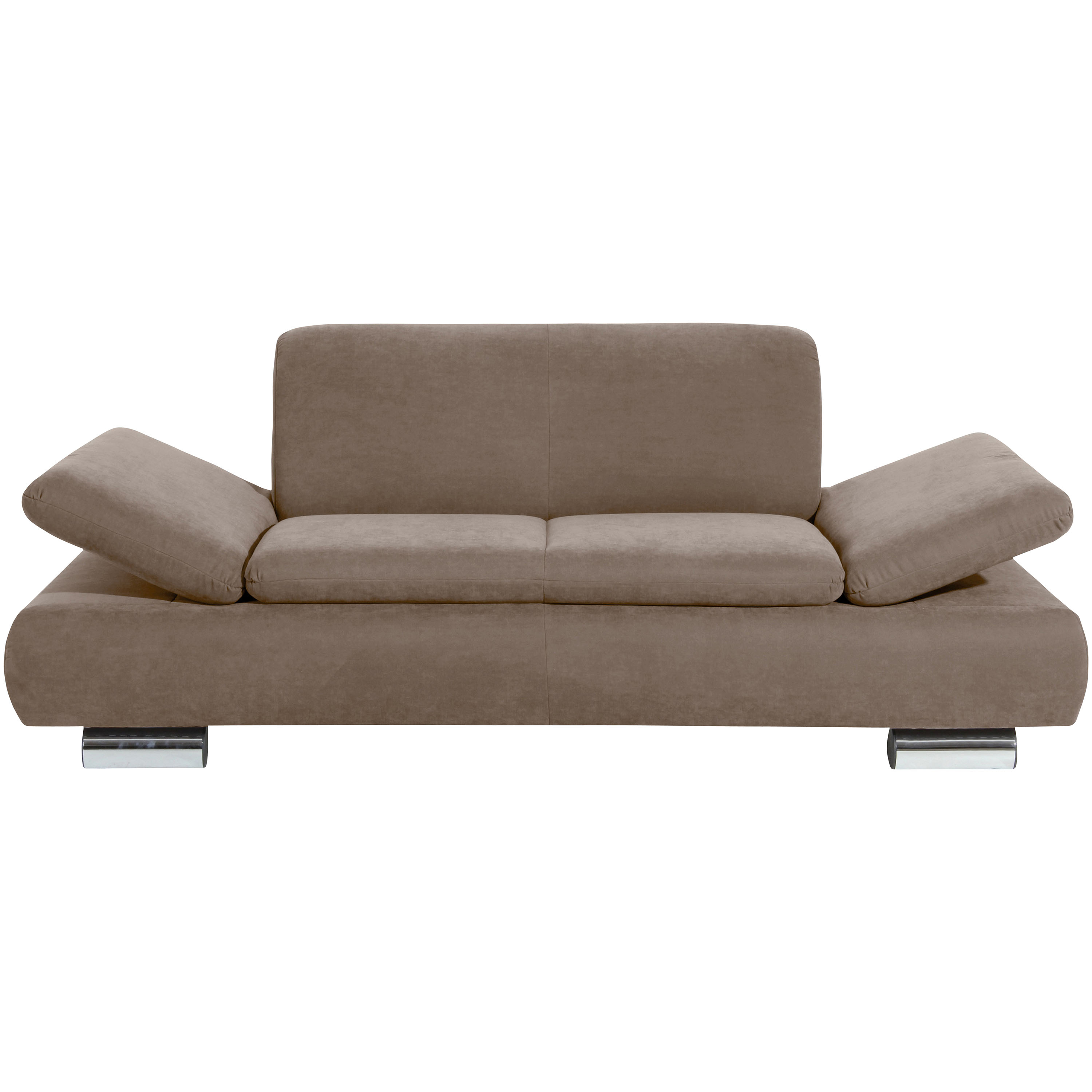 frontansicht von einem 2-sitzer sofa mit hochgeklappten armteilen und verchromten metallfüssen