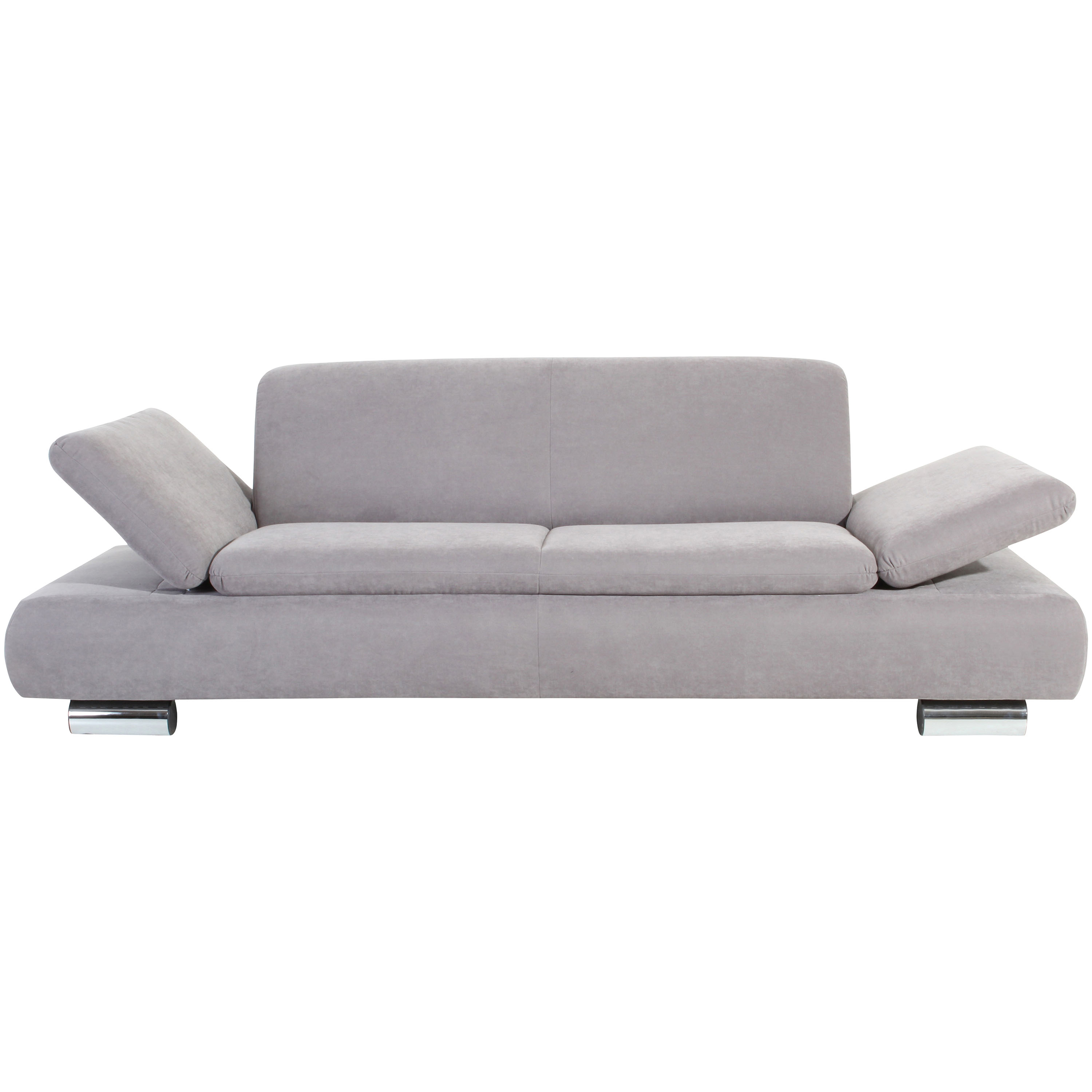 frontansicht von einem silbernen 2,5-sitzer sofa mit hochgeklappten armteilen und verchromten metallfüssen